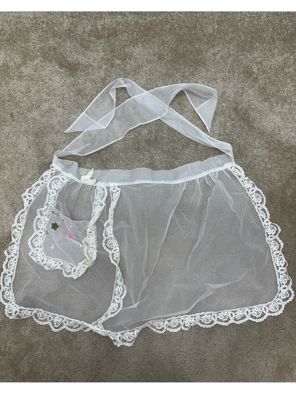 Vintage Sheer White Hostess Waist Apron 1960s Embroidered Pocket Lace Trim
